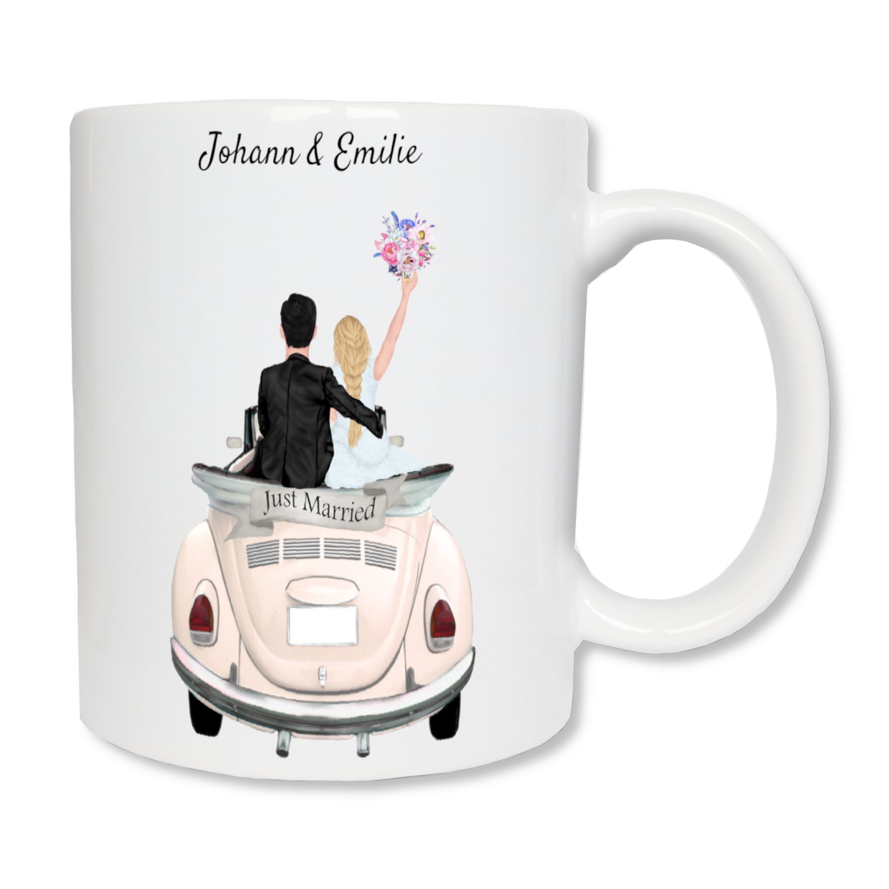 Mug personnalisé blanc en céramique représentant l'arrière d'une voiture décapotable avec 2 mariés assis de dos.