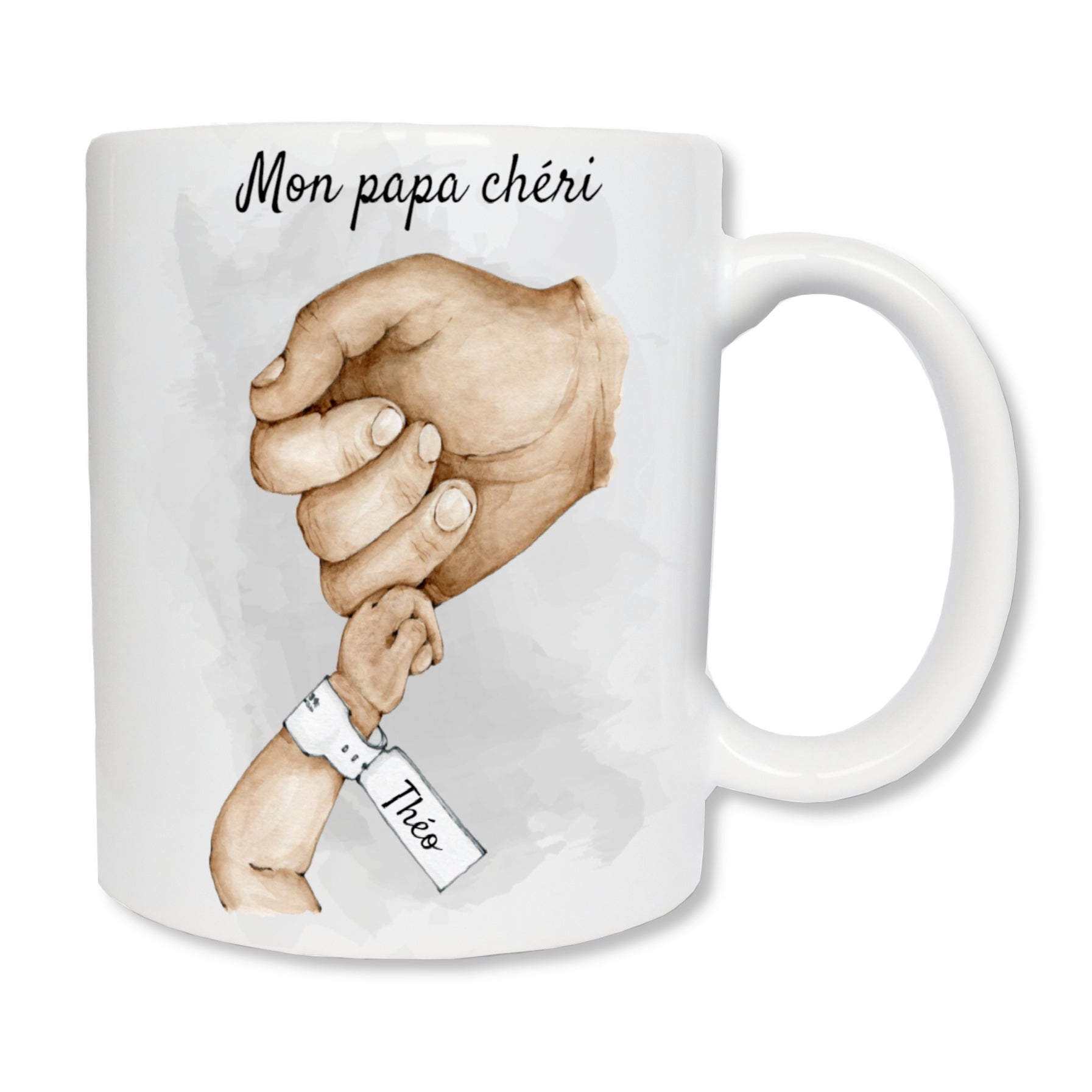 Mug personnalisé en céramique blanc représentant la main du bébé qui tient le petit doigt de la main du papa.