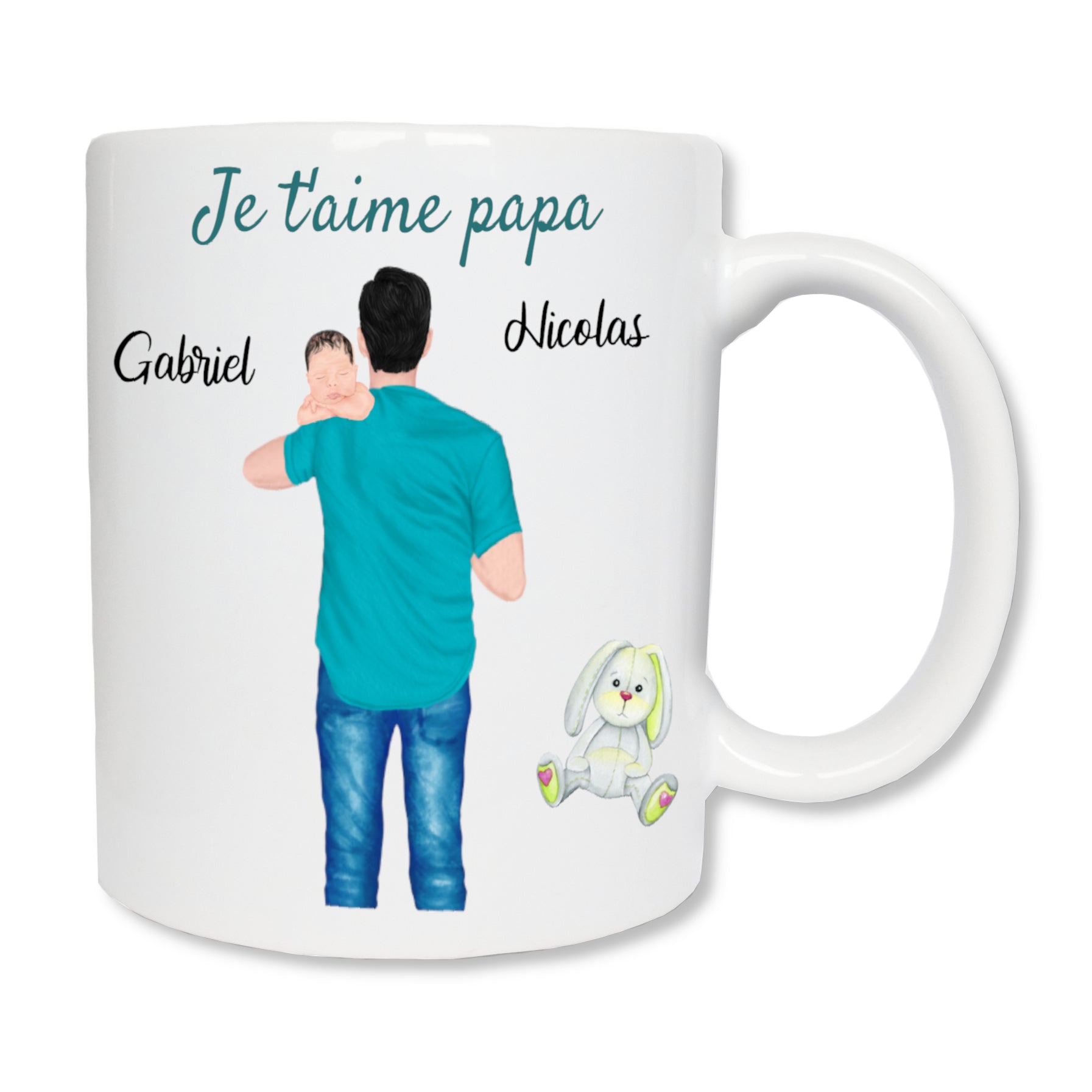 Mug personnalisé en céramique représentant un papa qui porte son bébé. En haut, il est écrit "Je t'aime papa"